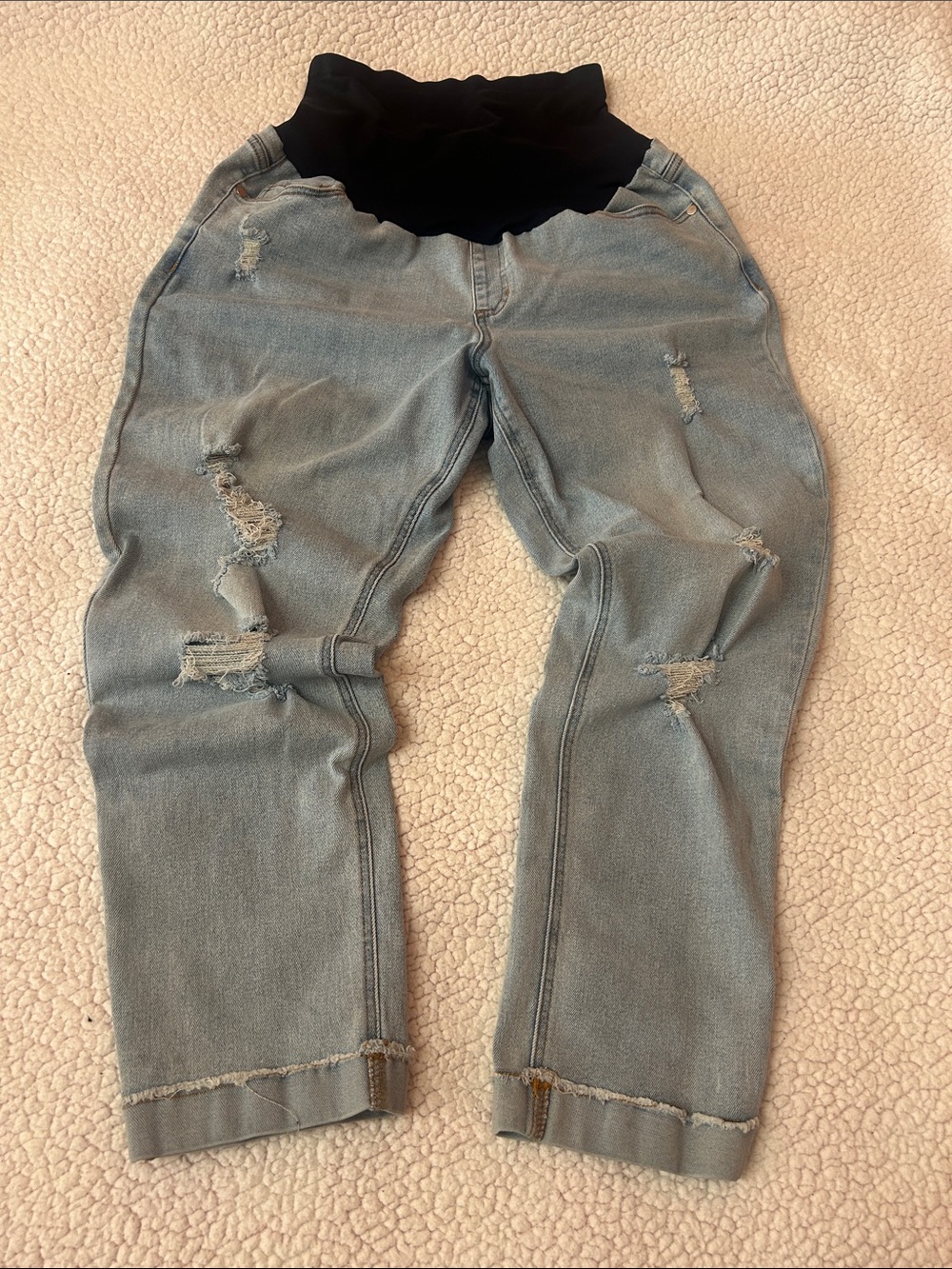 Parker Light Blue Distressed Maternity Joggers with Black Waistband